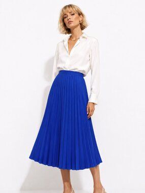 Royal Blue Pleated Midi Skirt | Flowy A-Line Pull-On Skirt